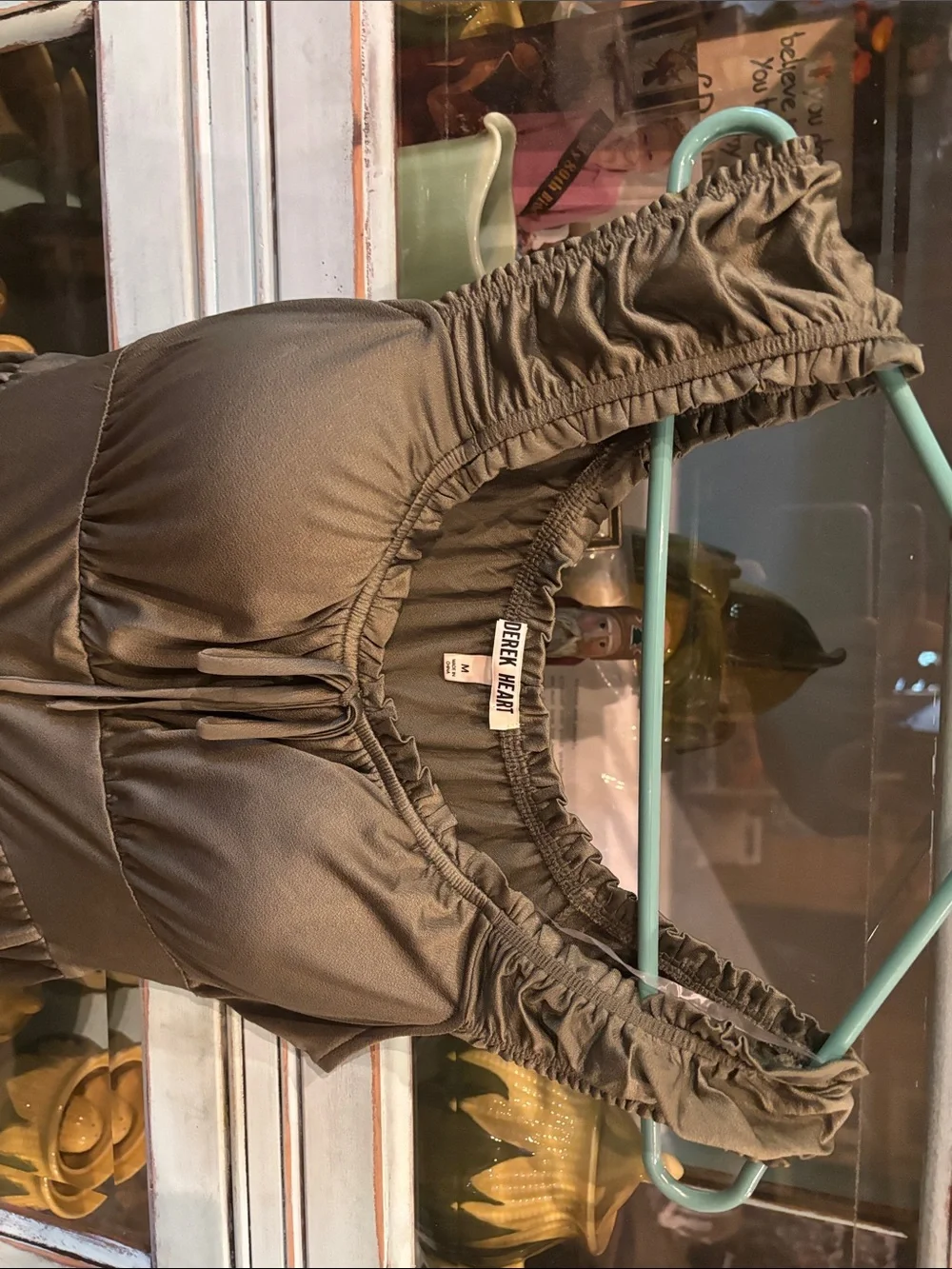 Derek Heart Olive Green Ruffled Strap Jumpsuit/ silk like material- like new